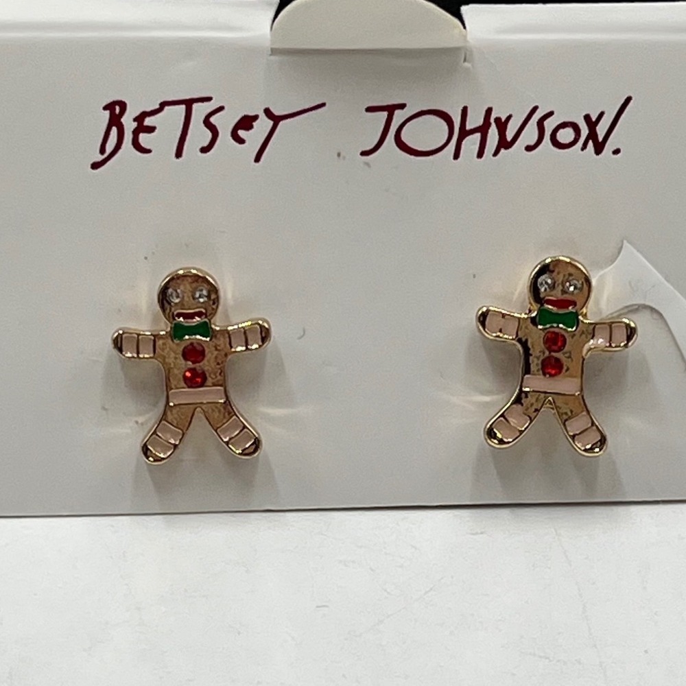 Betsey Johnson Crystal Green Bow Gingerbread Man Festive Stud Earrings